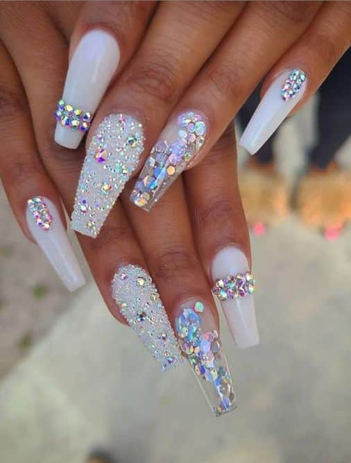 25 Coffin Nail Designs with Rhinestone on One or More finger 2021